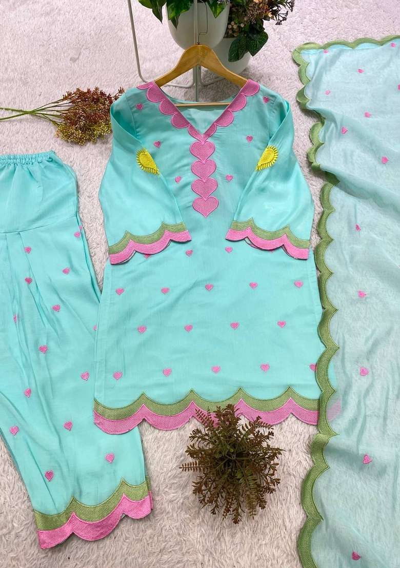 Sky Blue Embroidery Chanderi Palazzo Set - Indya