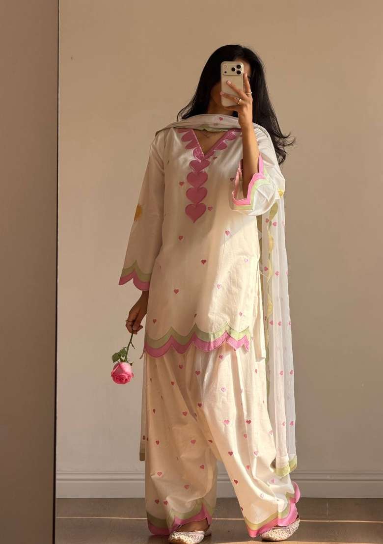 White Embroidery Chanderi Palazzo Set - Indya