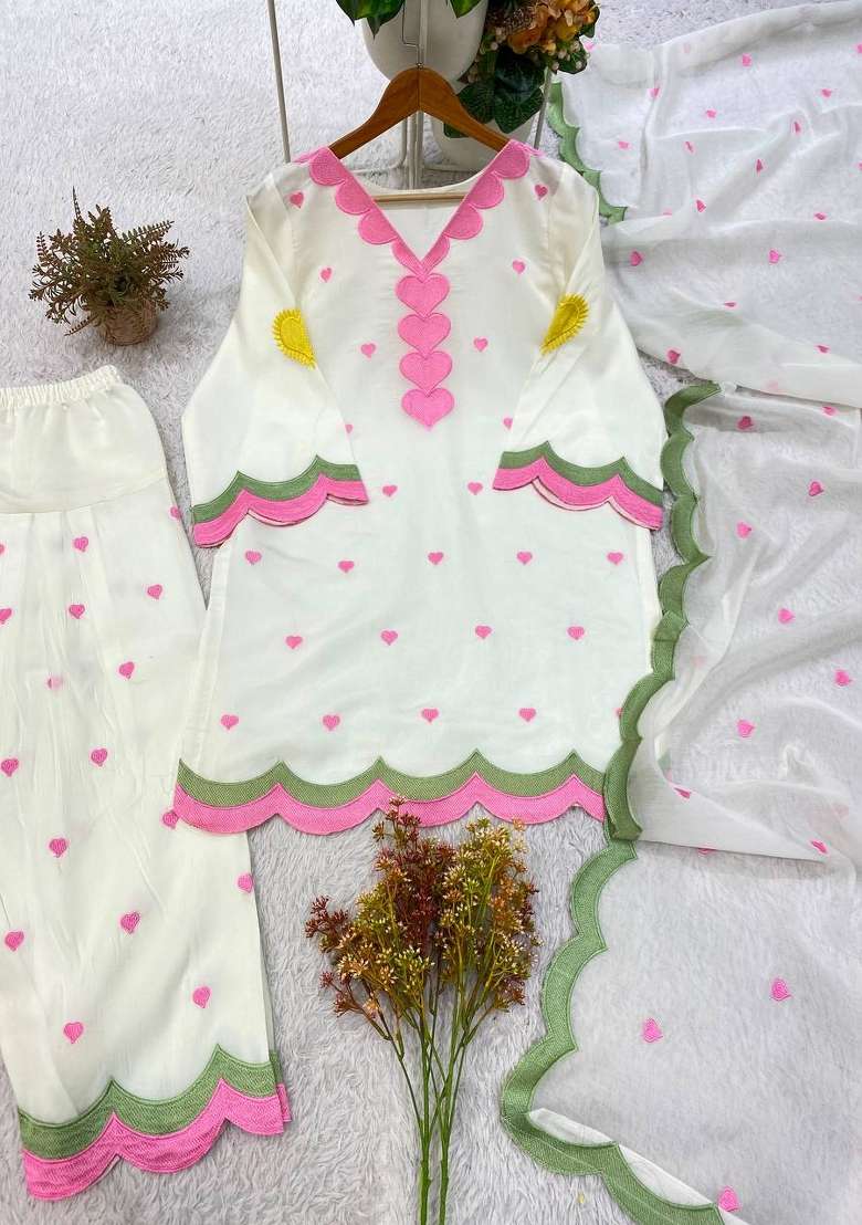 White Embroidery Chanderi Palazzo Set - Indya