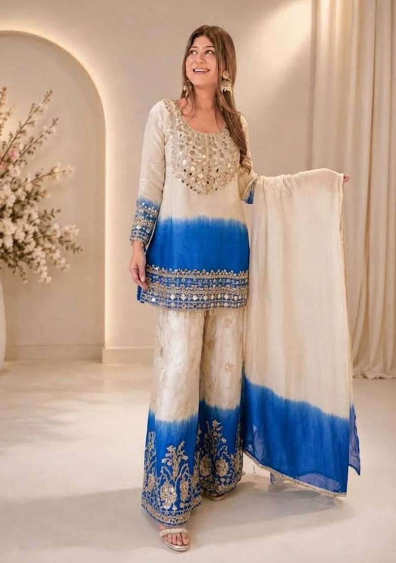 Blue Embroidery Georgette Palazzo Set - Indya