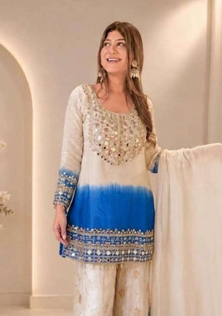 Blue Embroidery Georgette Palazzo Set - Indya