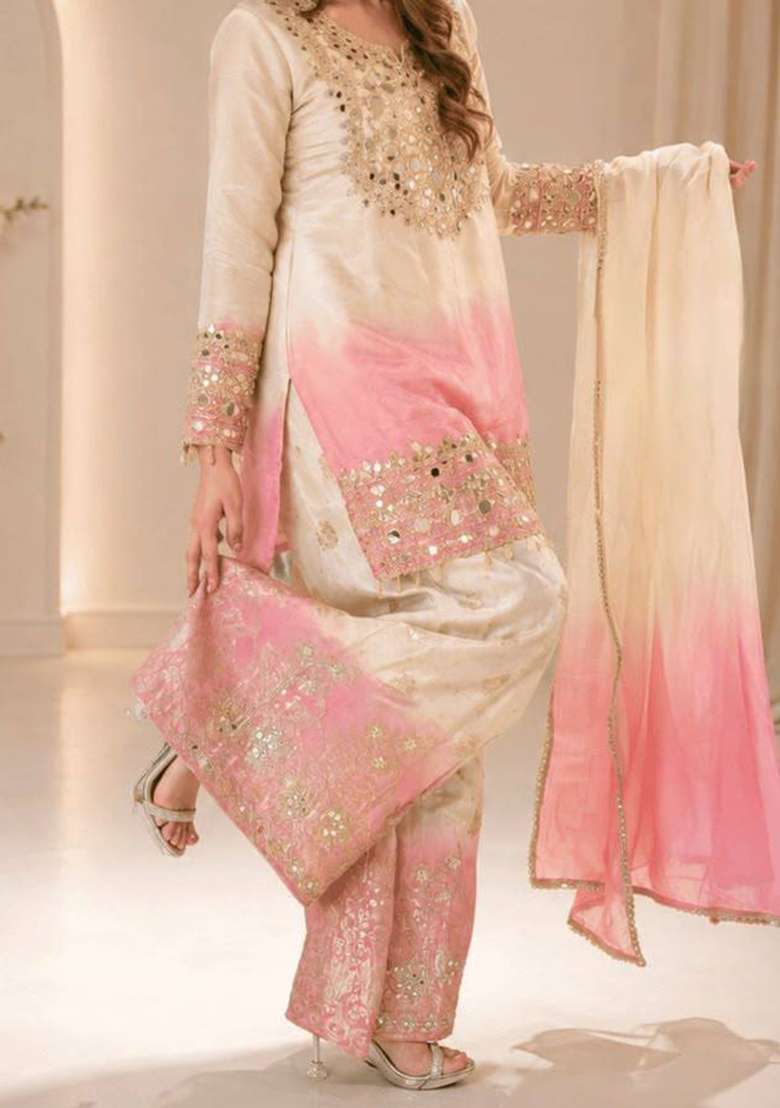 Pink Embroidery Georgette Palazzo Set - Indya
