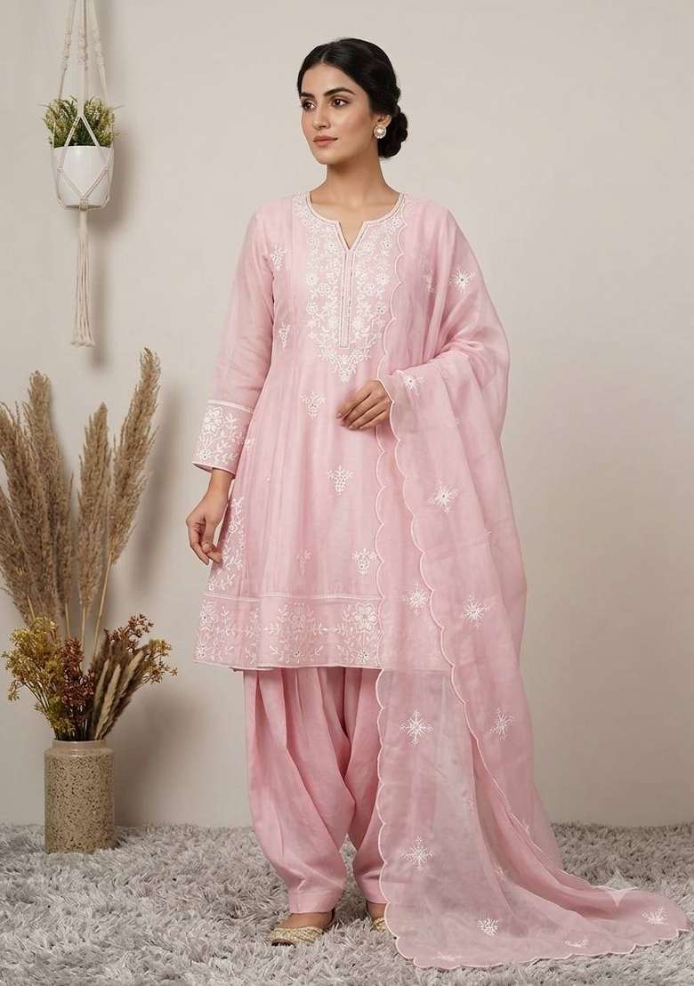 Pink Embroidery Silk Kurta Set - Indya