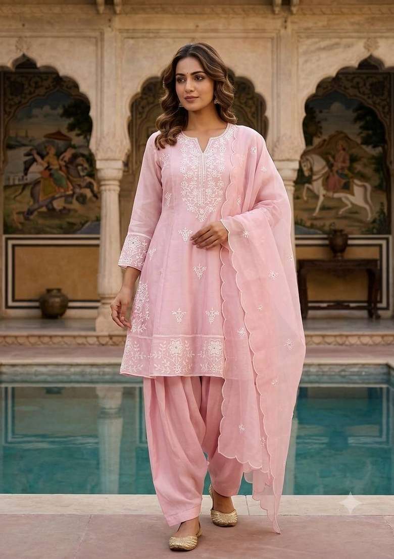 Pink Embroidery Silk Kurta Set - Indya