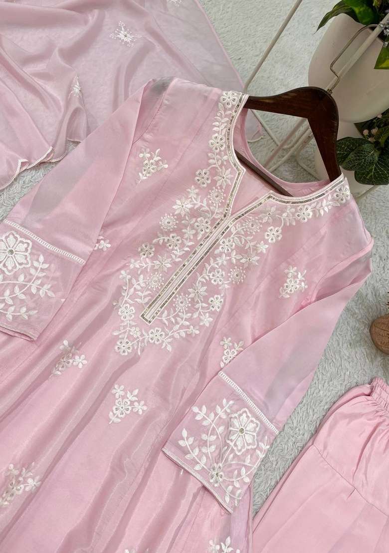 Pink Embroidery Silk Kurta Set - Indya