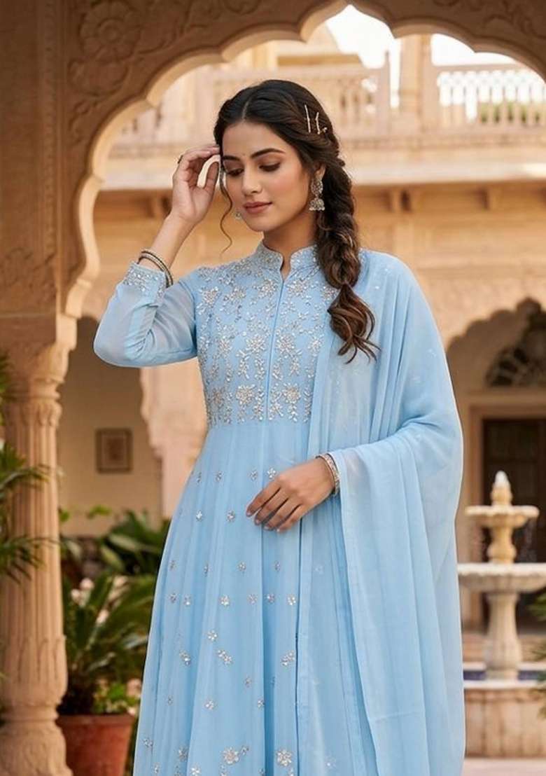 Sky Blue Embroidery Georgette Kurta Set - Indya