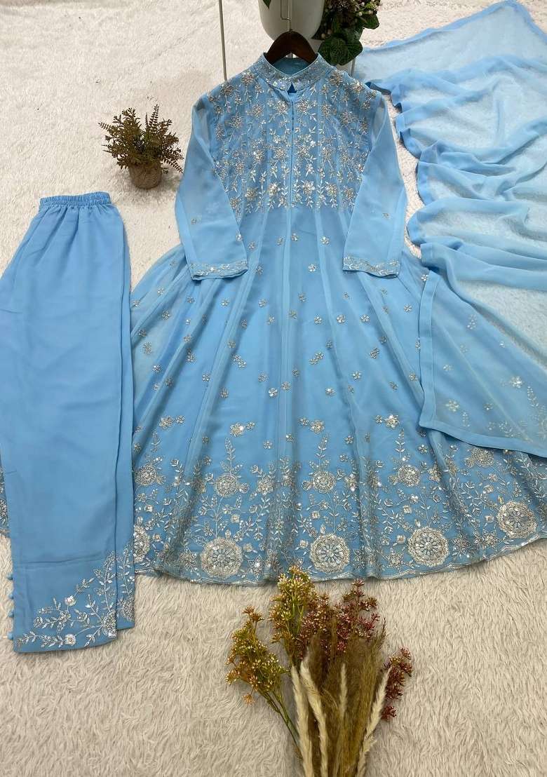 Sky Blue Embroidery Georgette Kurta Set - Indya