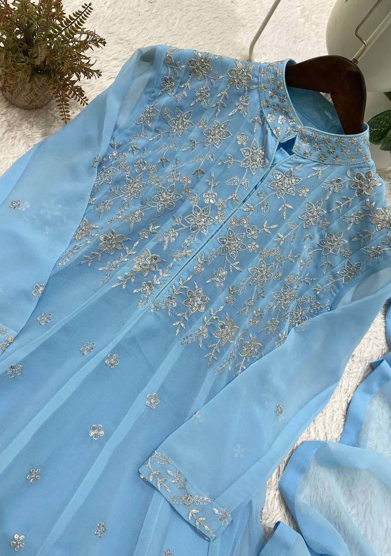 Sky Blue Embroidery Georgette Kurta Set - Indya