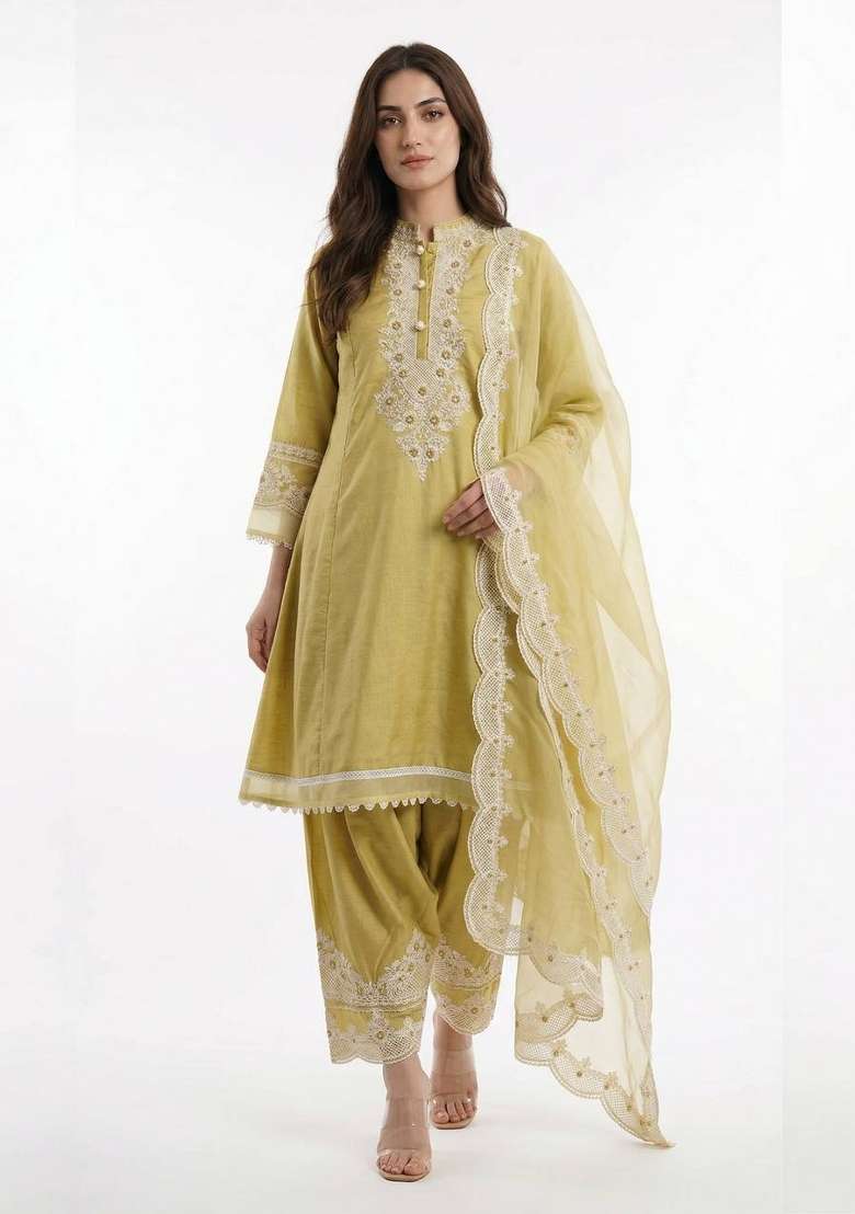 Yellow Embroidery Roman Glass Kurta Set - Indya