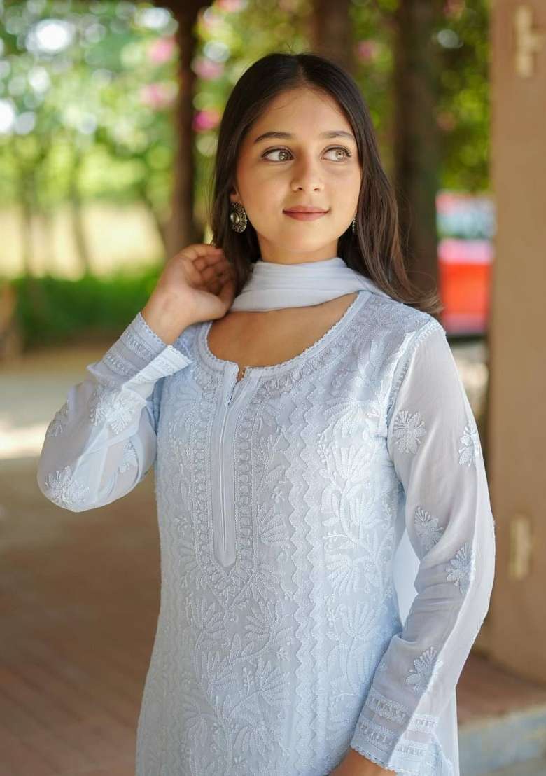 Sky Blue Embroidery Georgette Kurta Set - Indya