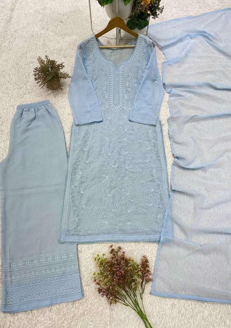 Sky Blue Embroidery Georgette Kurta Set - Indya