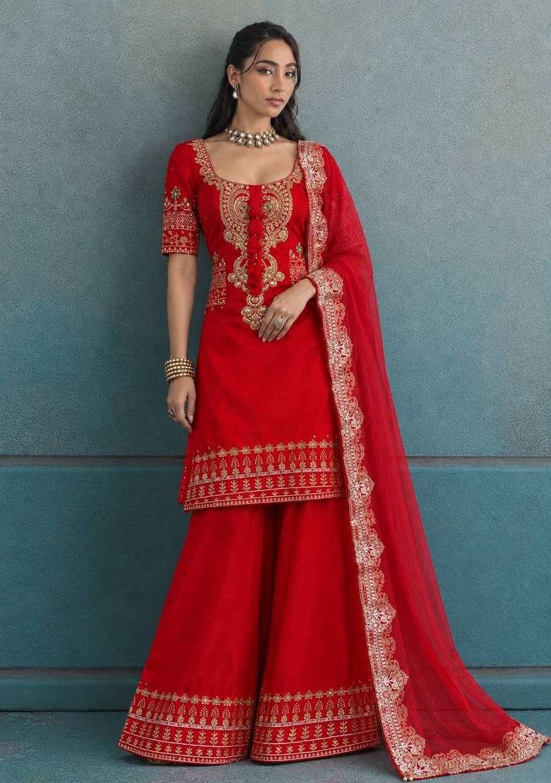 Red Embroidery Roman Glass Palazzo Set - Indya