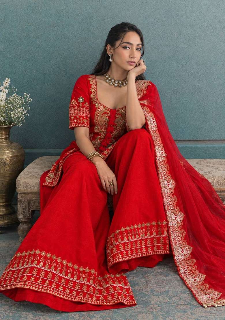 Red Embroidery Roman Glass Palazzo Set - Indya