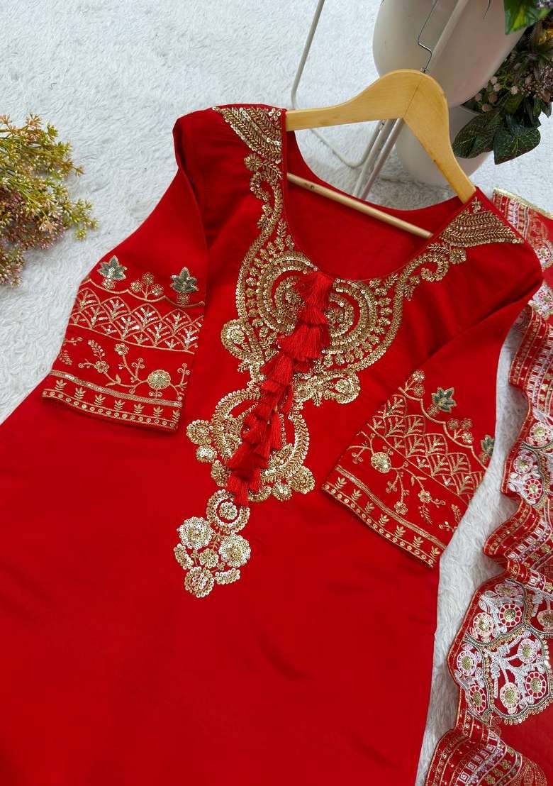 Red Embroidery Roman Glass Palazzo Set - Indya