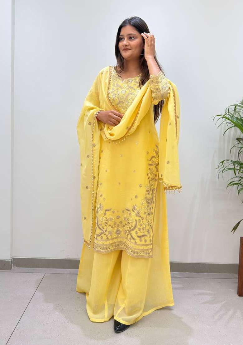 Yellow Embroidery Crunchy Palazzo Set - Indya