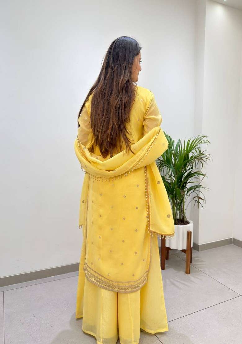 Yellow Embroidery Crunchy Palazzo Set - Indya