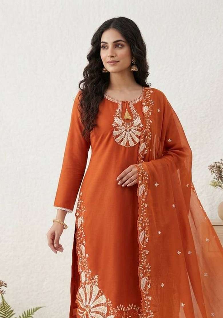 Orange Embroidery Roman Glass Kurta Set - Indya