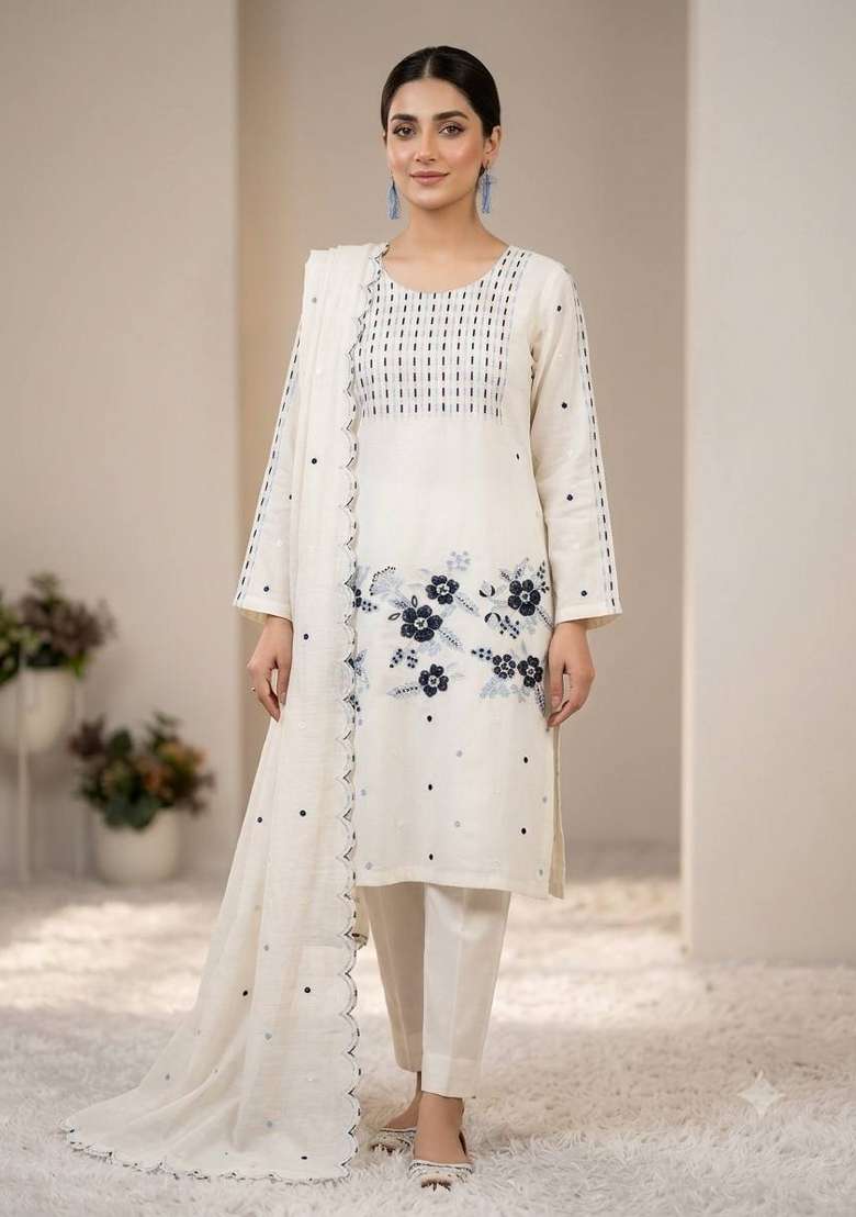 White Embroidery Roman Glass Kurta Set - Indya