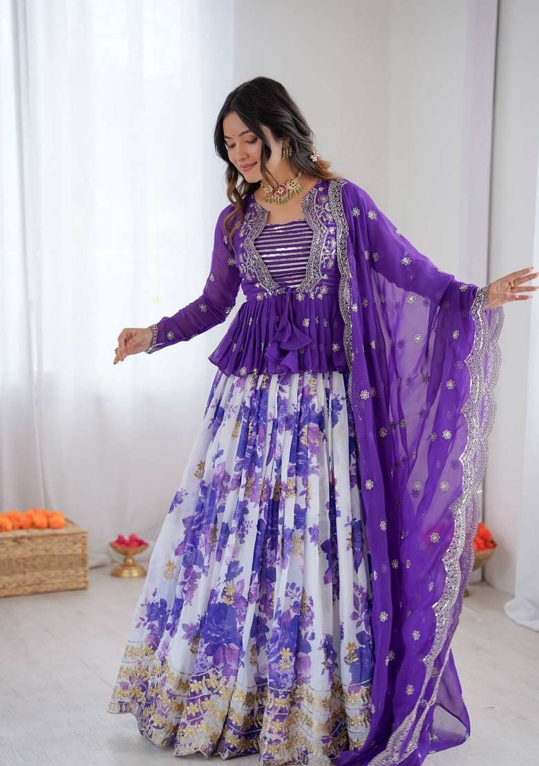 Purple Embroidery Georgette Palazzo Set - Indya