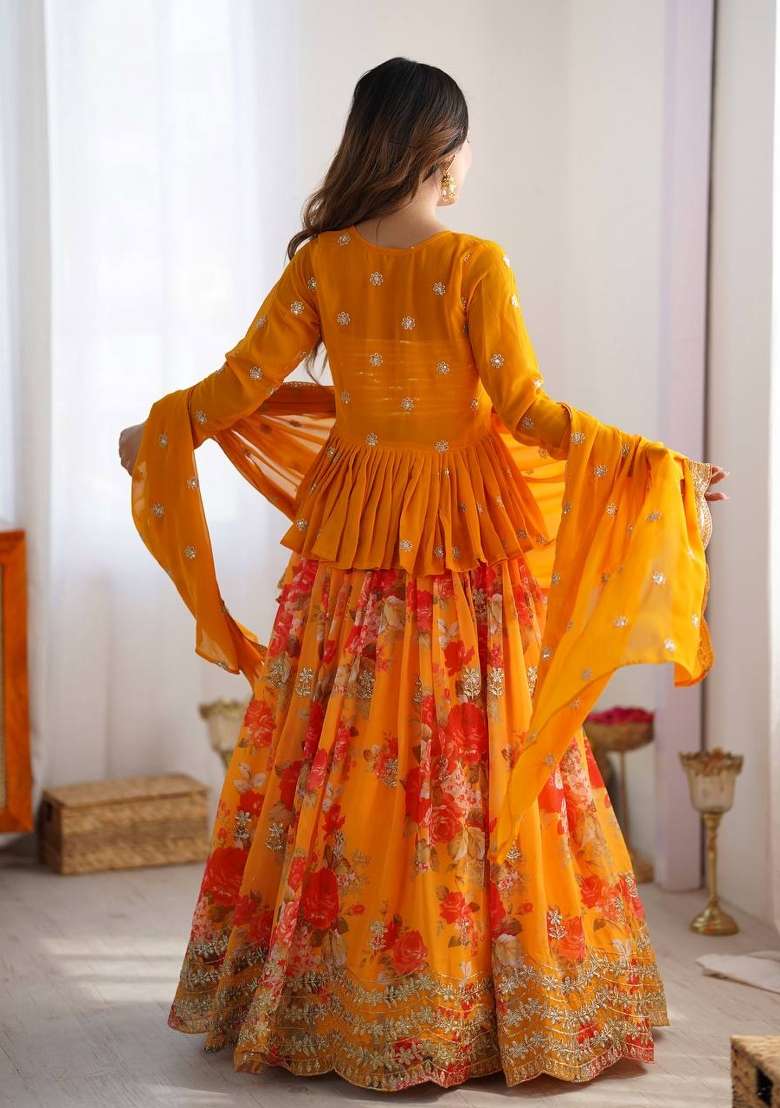 Yellow Embroidery Georgette Palazzo Set - Indya