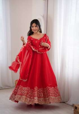 Red Embroidery Georgette Gown Set