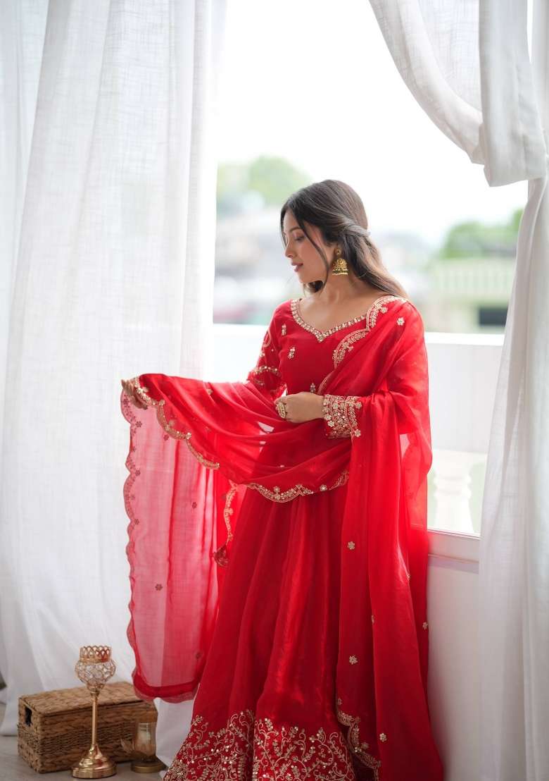 Red Embroidery Georgette Gown Set - Indya