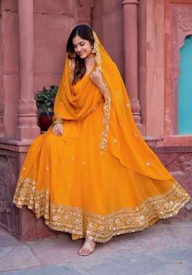 Yellow Embroidery Georgette Gown Set