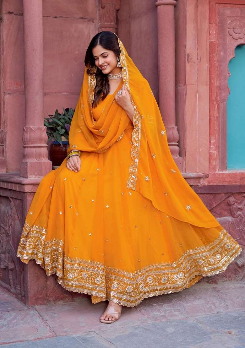 Yellow Embroidery Georgette Gown Set - Indya