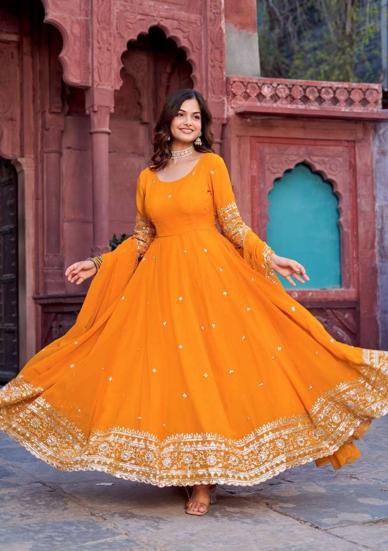 Yellow Embroidery Georgette Gown Set - Indya