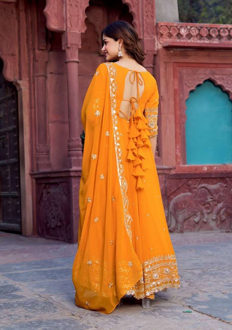 Yellow Embroidery Georgette Gown Set - Indya