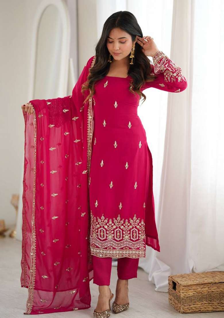 Pink Embroidery Georgette Kurta Set - Indya