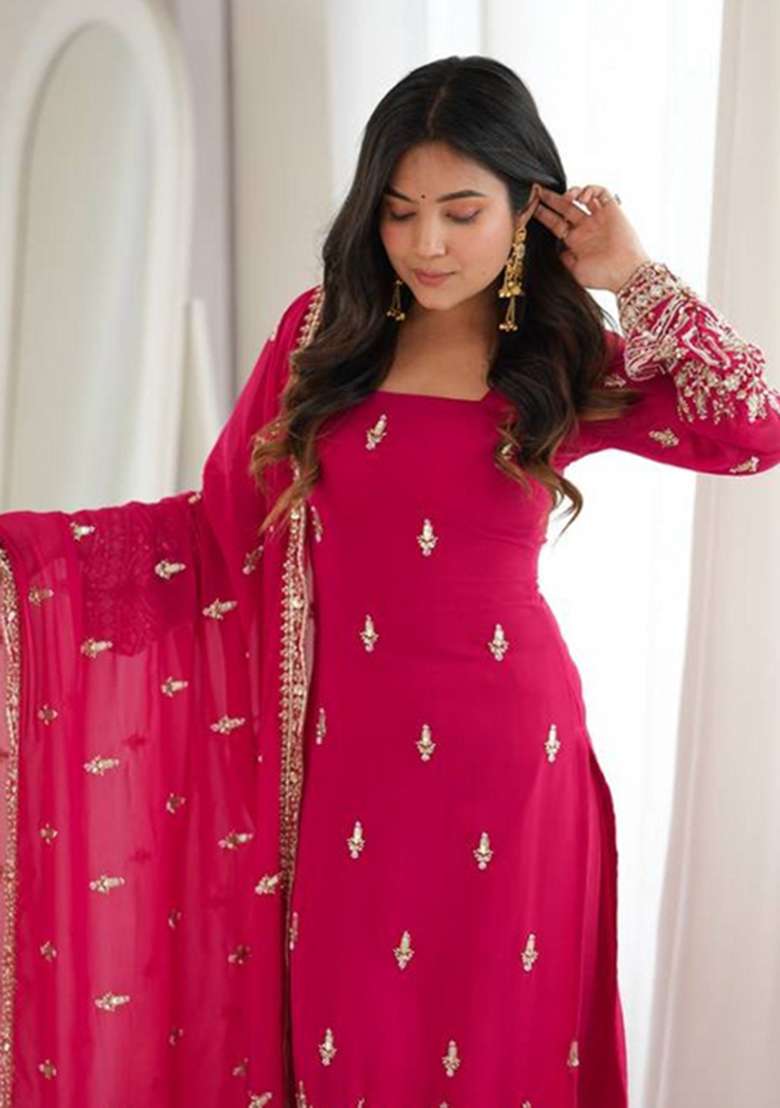 Pink Embroidery Georgette Kurta Set - Indya