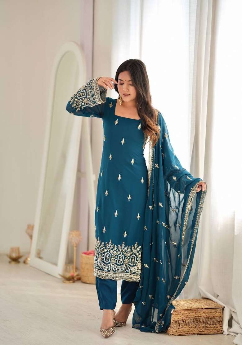 Rama Embroidery Georgette Kurta Set - Indya