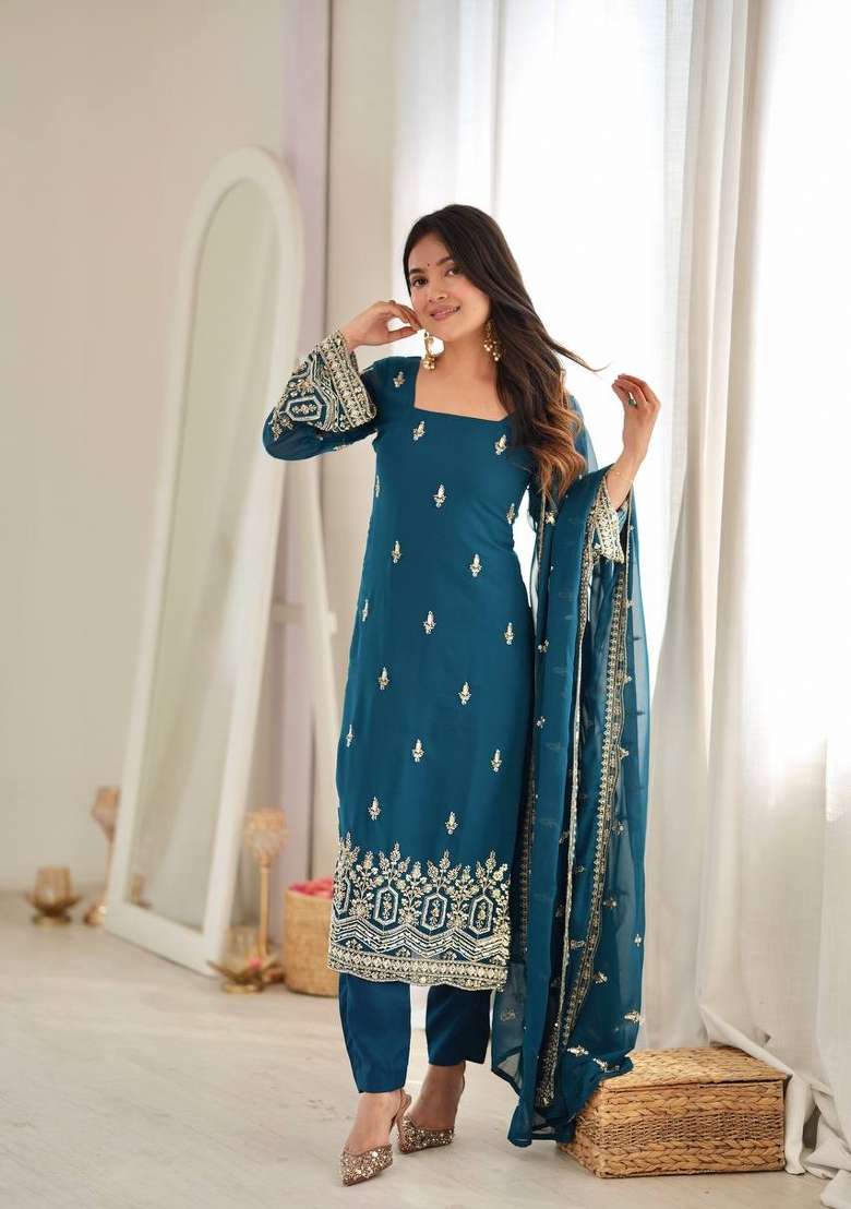 Rama Embroidery Georgette Kurta Set - Indya