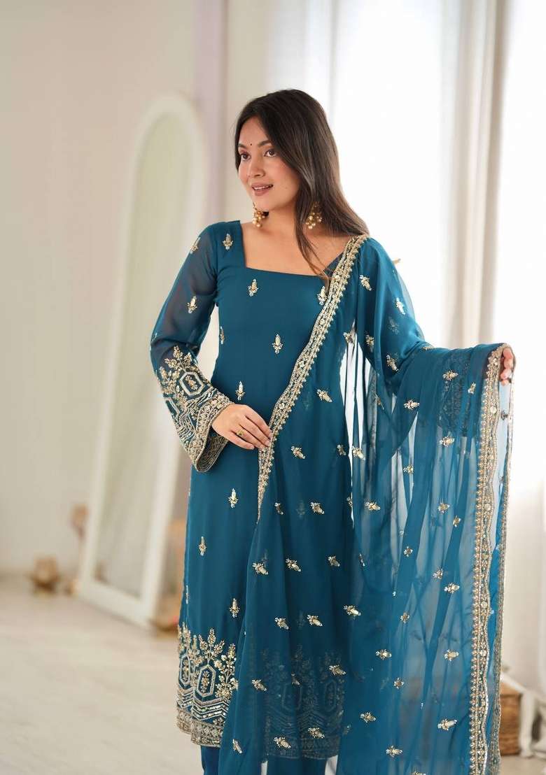 Rama Embroidery Georgette Kurta Set - Indya