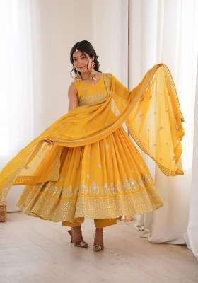 Yellow Embroidery Georgette Anarkali Set