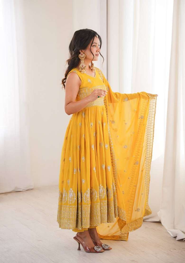 Yellow Embroidery Georgette Anarkali Set - Indya