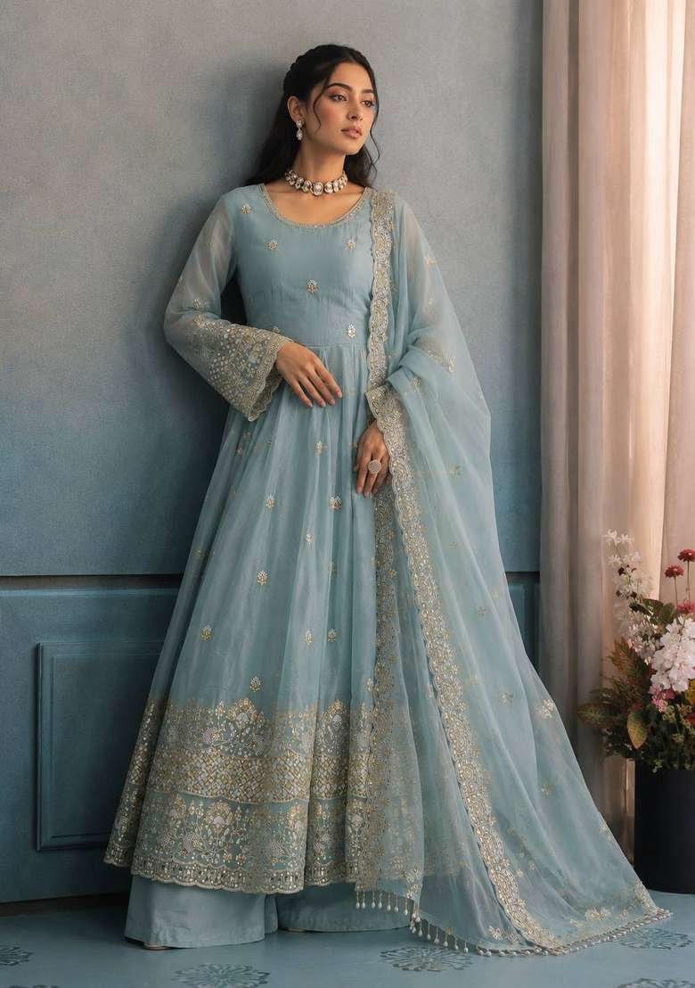 Sky Blue Embroidery Silk Gown Set - Indya