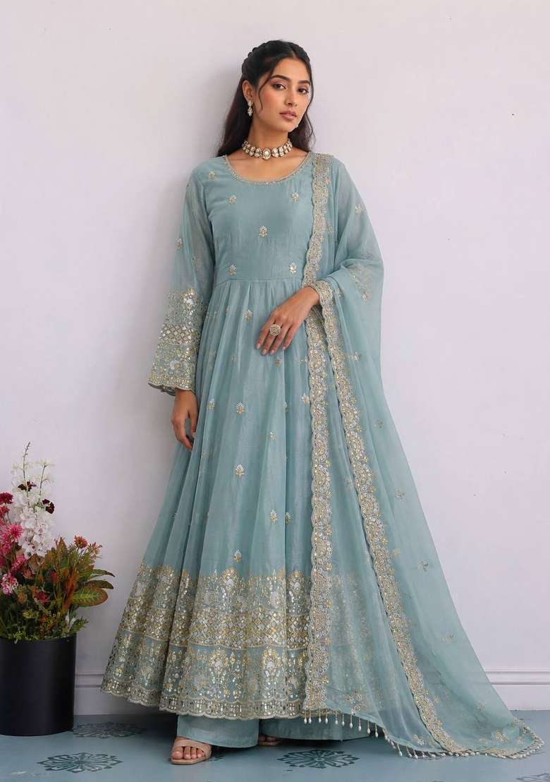 Sky Blue Embroidery Silk Gown Set - Indya
