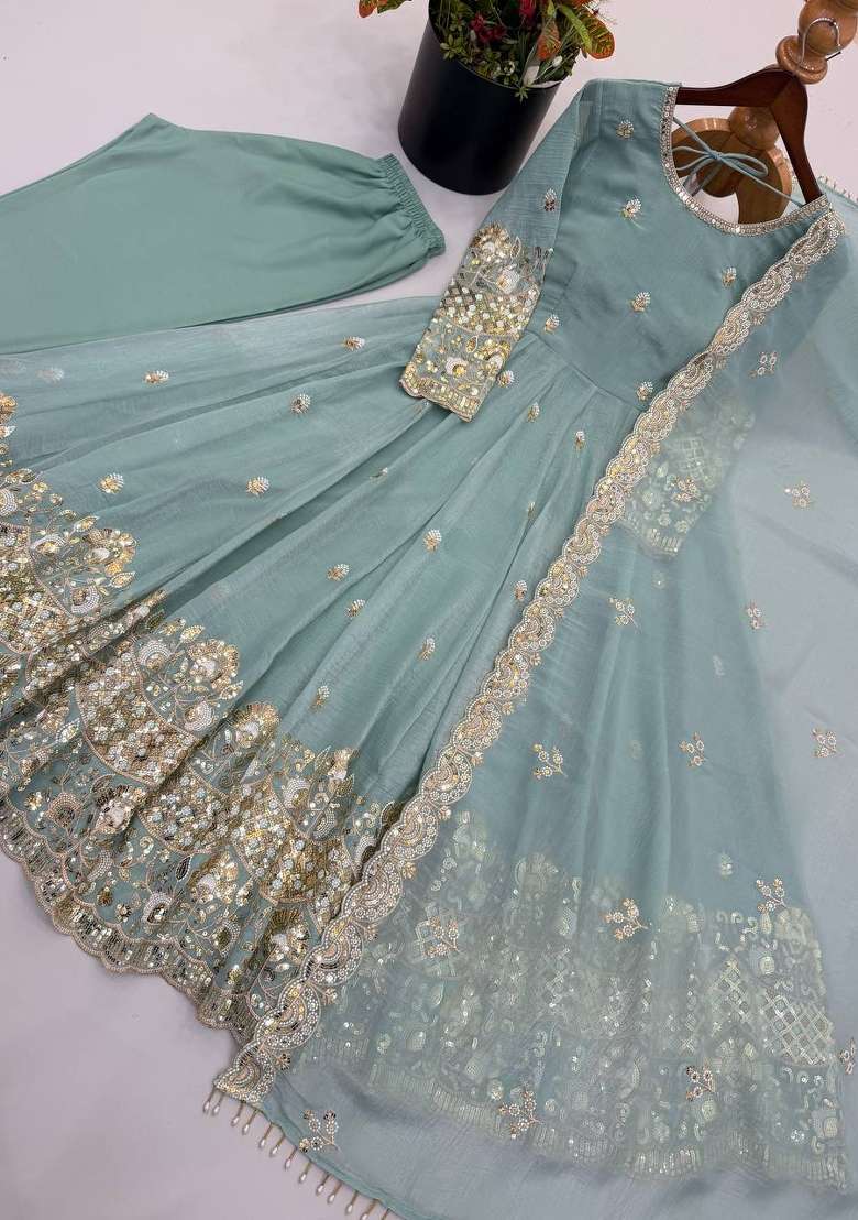 Sky Blue Embroidery Silk Gown Set - Indya