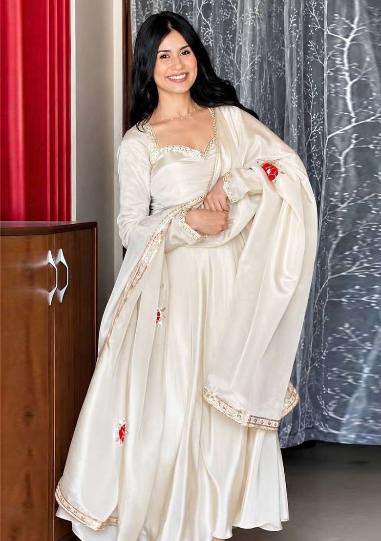 White Embroidery Silk Gown Set - Indya