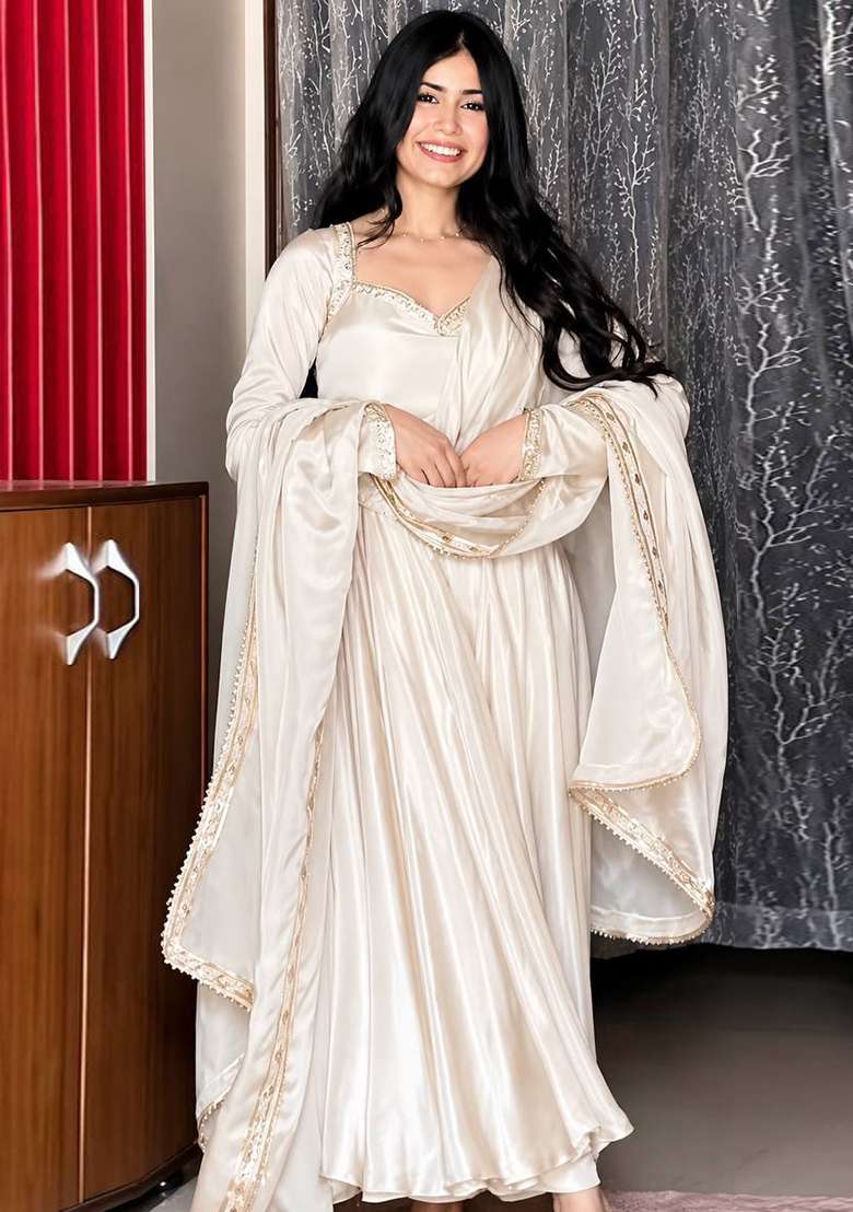 White Embroidery Silk Gown Set - Indya