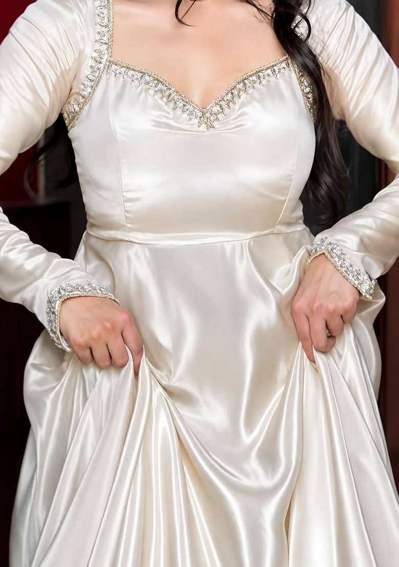 White Embroidery Silk Gown Set - Indya