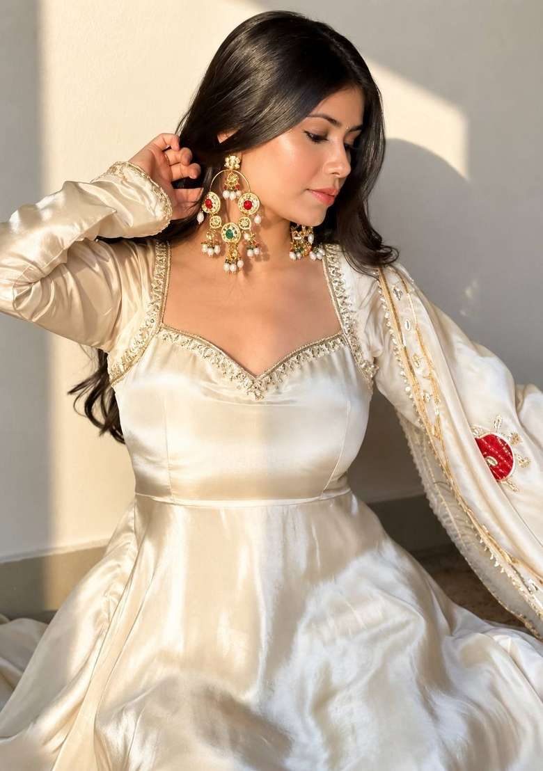 White Embroidery Silk Gown Set - Indya