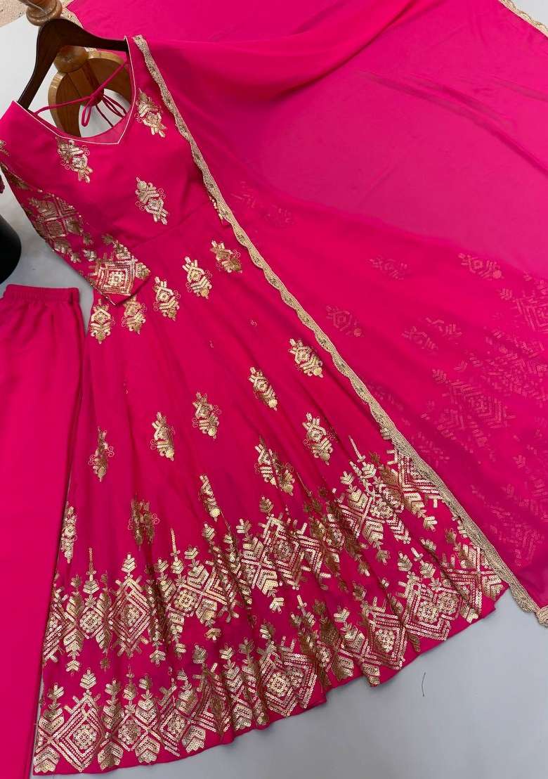 Pink Embroidery Georgette Gown Set - Indya
