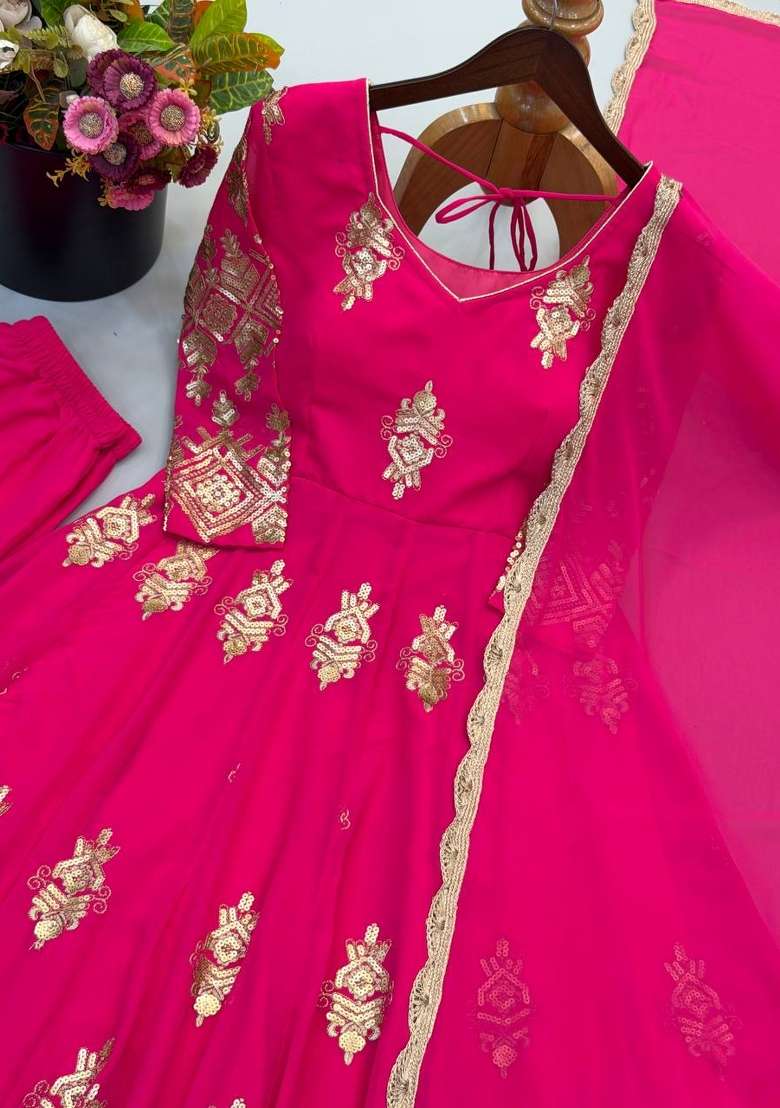 Pink Embroidery Georgette Gown Set - Indya