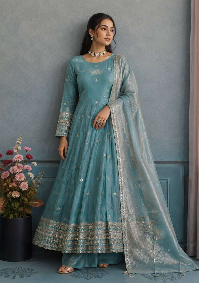 Sky Blue Embroidery Silk Gown Set - Indya