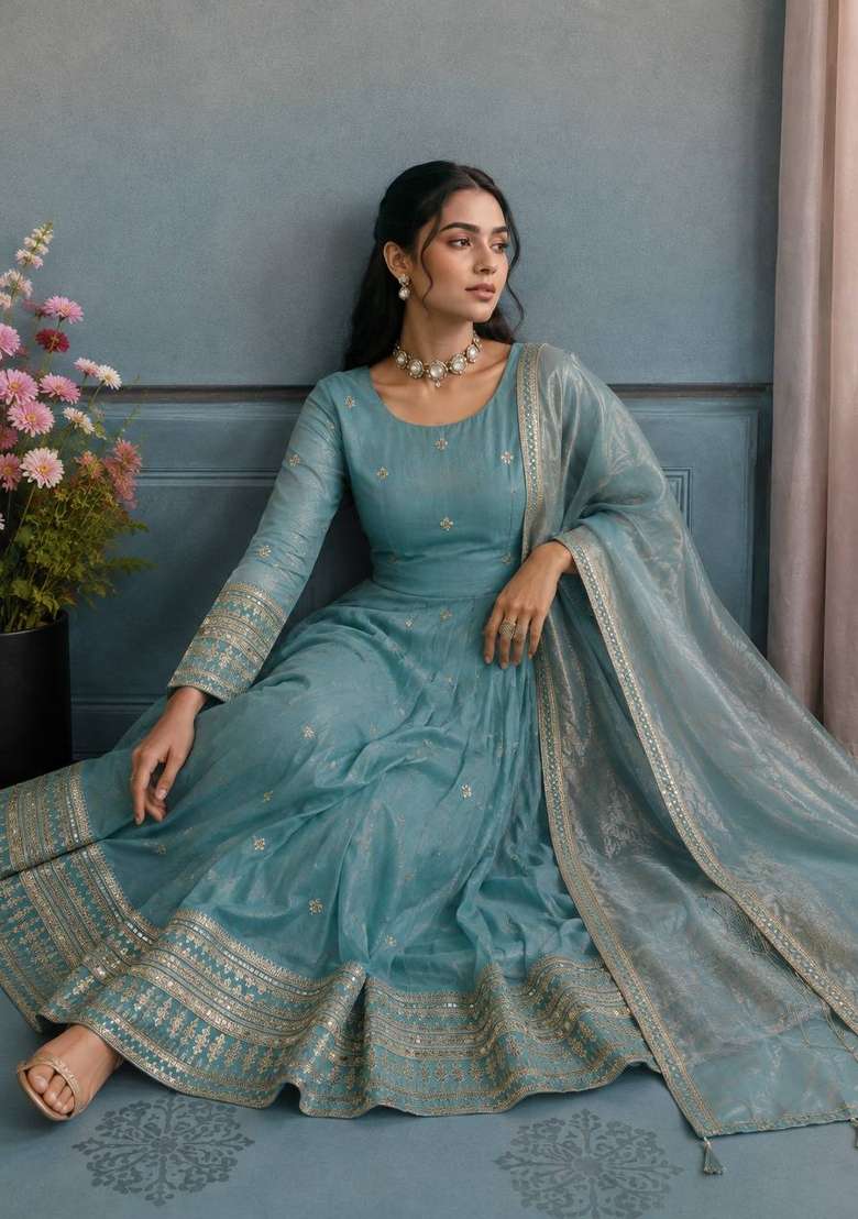 Sky Blue Embroidery Silk Gown Set - Indya