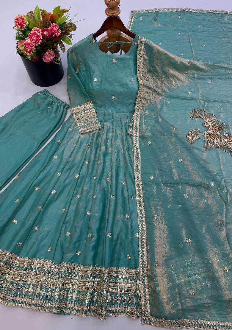 Sky Blue Embroidery Silk Gown Set - Indya
