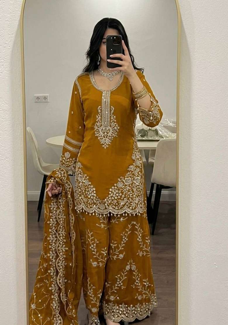 Yellow Embroidery Georgette Palazzo Set - Indya